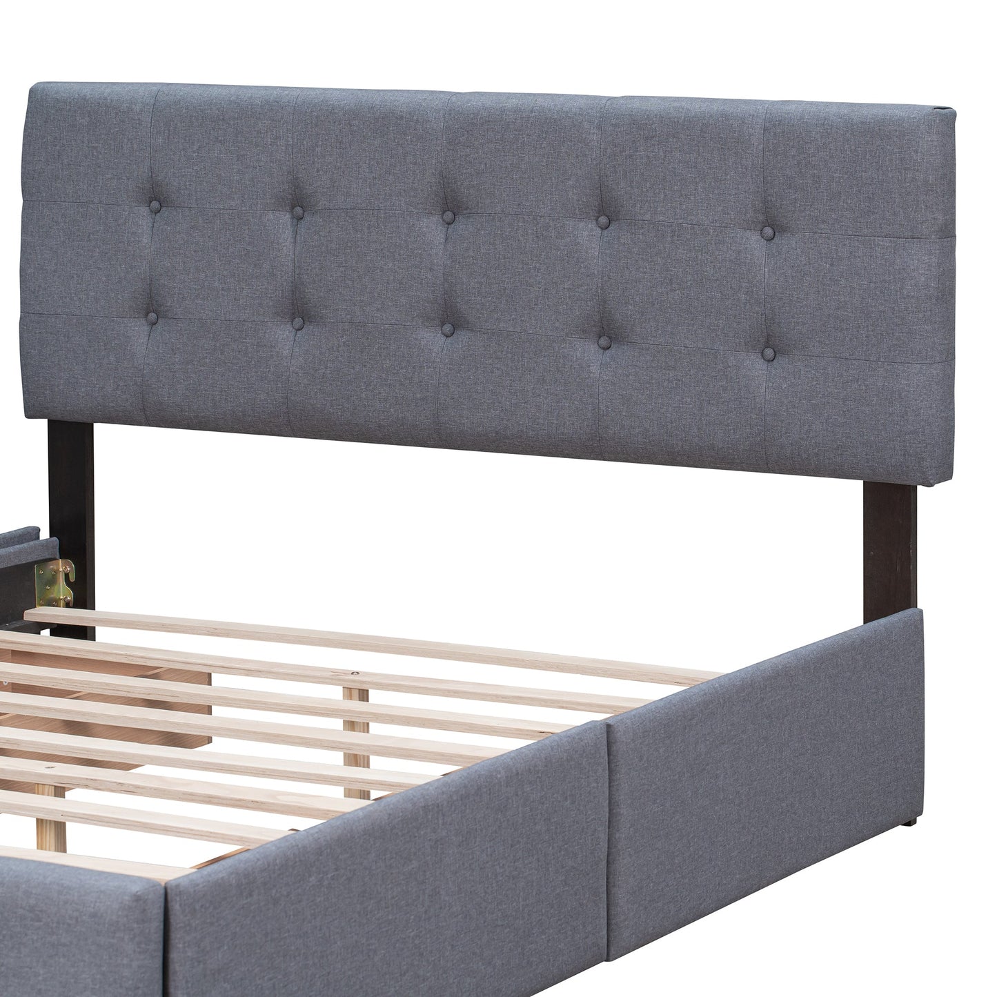 Upholstered Platform Bed with Classic Headboard and 4 Drawers No Box Spring Needed Linen Fabric Queen Size Dark gray - Korvel