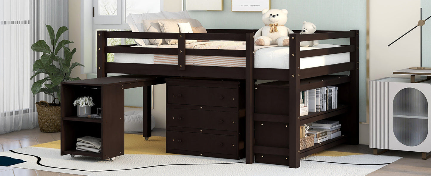 Low Study Full Loft Bed with Cabinet Shelves and Rolling Portable Desk Multiple Functions Bed- Espresso - Korvel