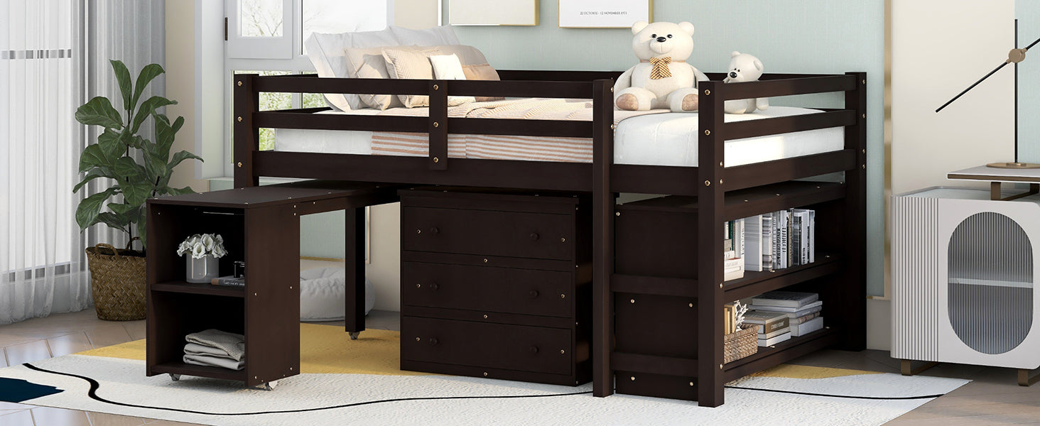 Low Study Full Loft Bed with Cabinet Shelves and Rolling Portable Desk Multiple Functions Bed- Espresso - Korvel
