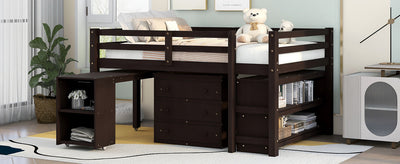 Low Study Full Loft Bed with Cabinet Shelves and Rolling Portable Desk Multiple Functions Bed- Espresso - Korvel