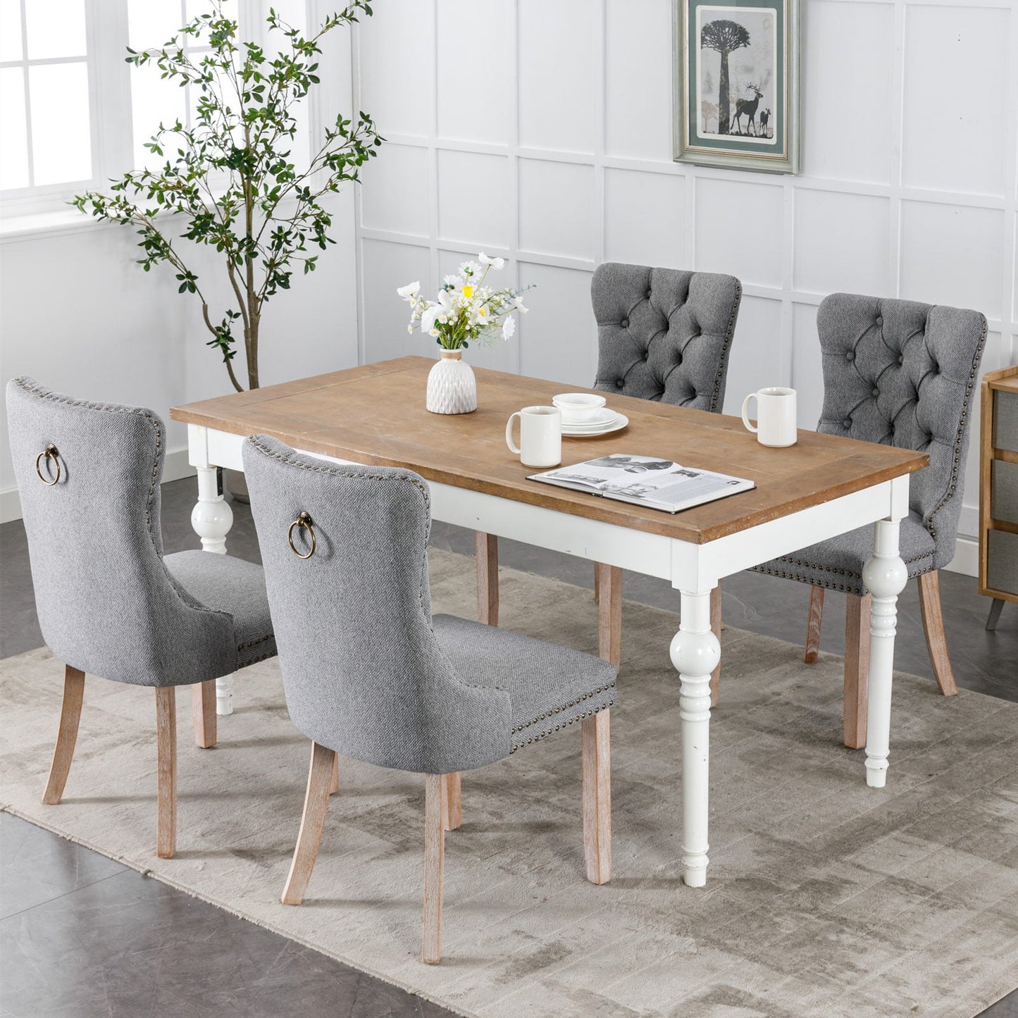 High-end Tufted Solid Wood Contemporary Flax Upholstered Linen Dining Chair with Wood Legs Nailhead Trim 2-Pcs Set Gray - Korvel