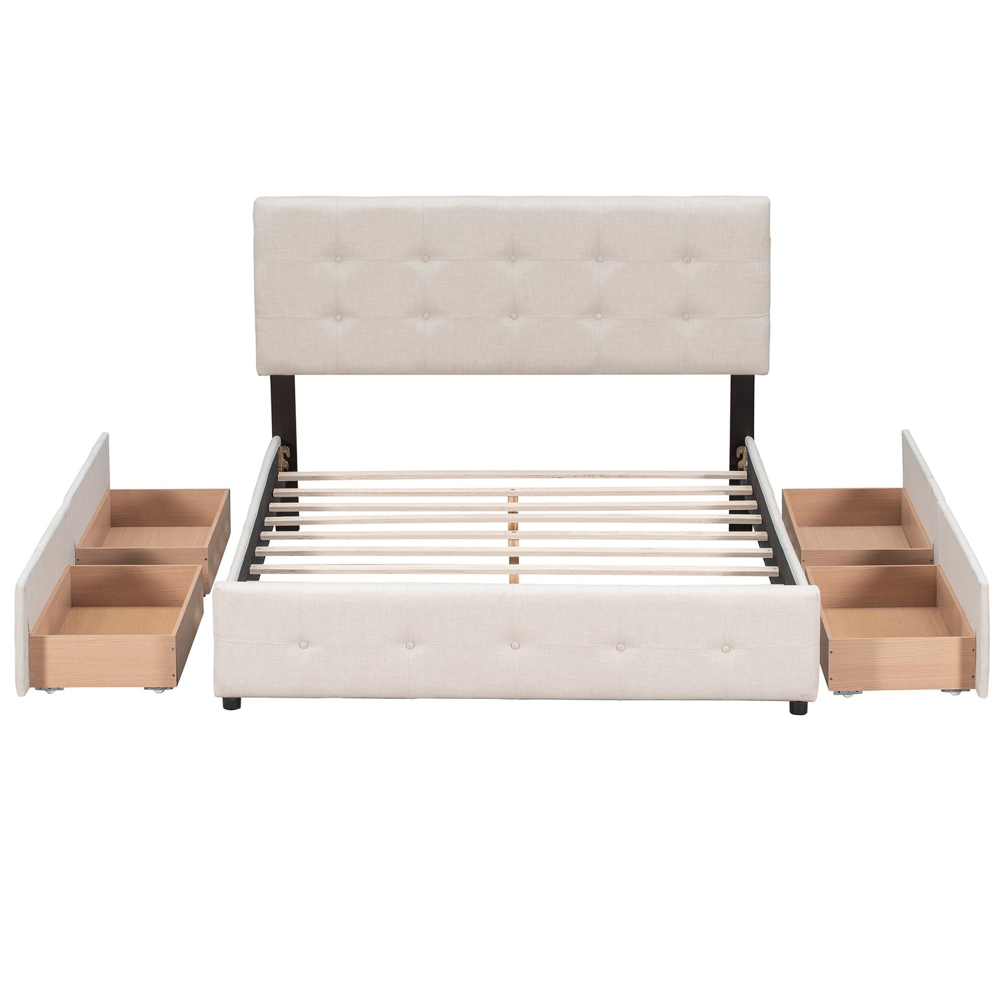 Upholstered Platform Bed with Classic Headboard and 4 Drawers No Box Spring Needed Linen Fabric Queen Size Beige - Korvel