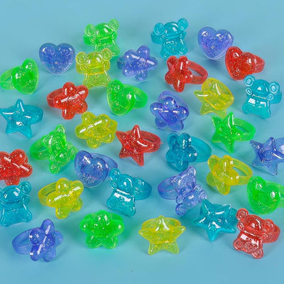 Plastic Glitter Rings, Assorted Colors and Designs - 144 Count