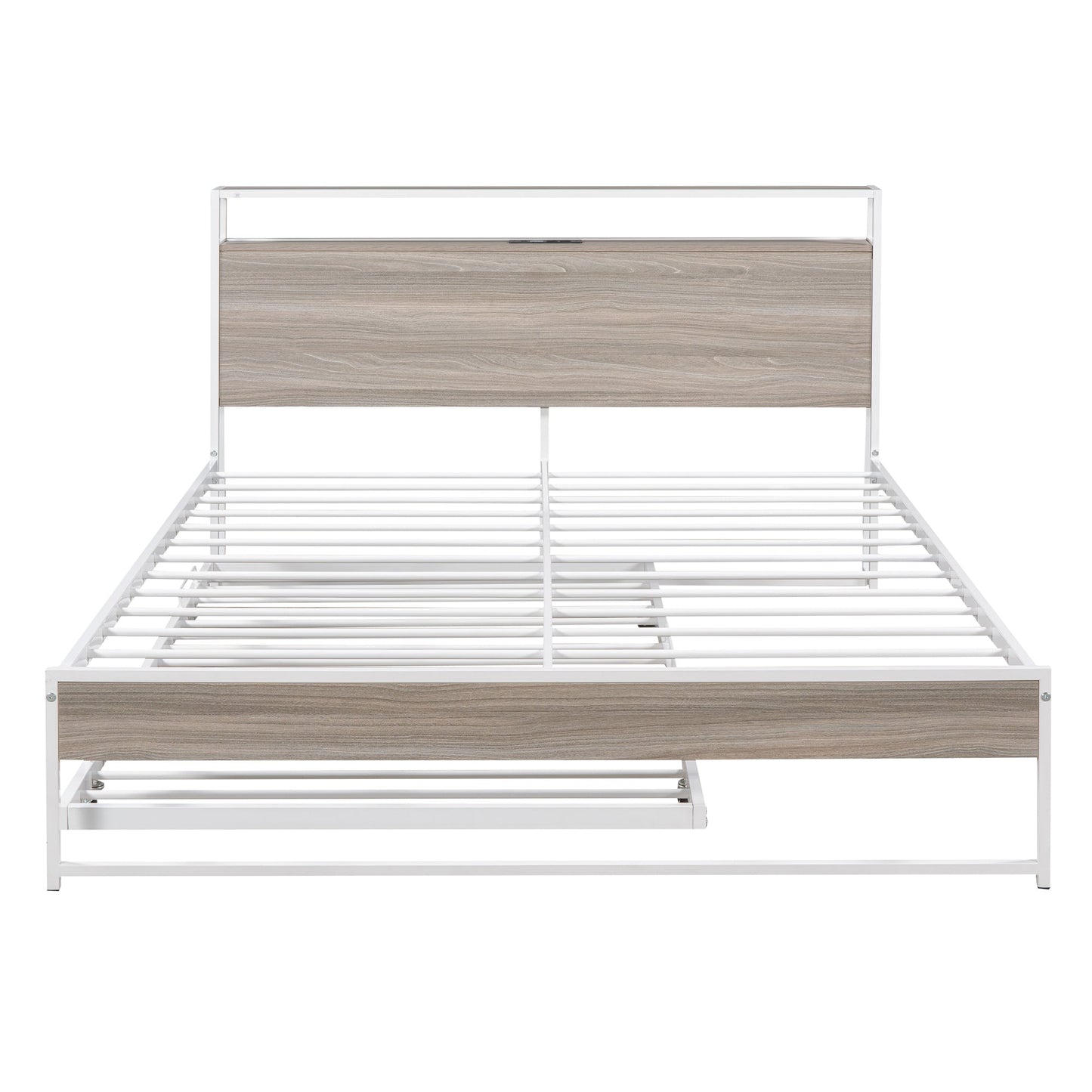 Queen Size Metal Platform Bed Frame with Trundle, USB Ports and Slat Support ,No Box Spring Needed White - Korvel