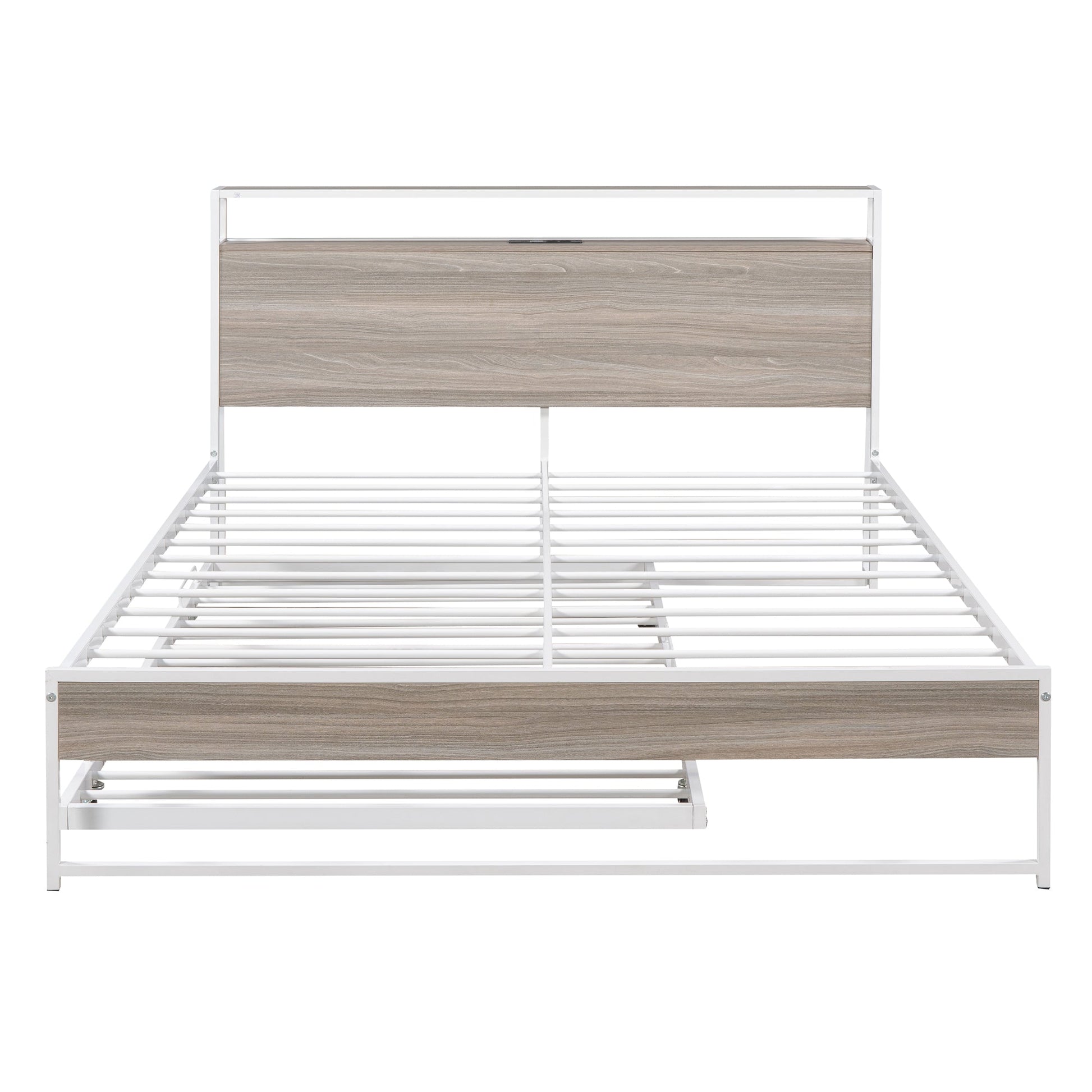 Queen Size Metal Platform Bed Frame with Trundle, USB Ports and Slat Support ,No Box Spring Needed White - Korvel