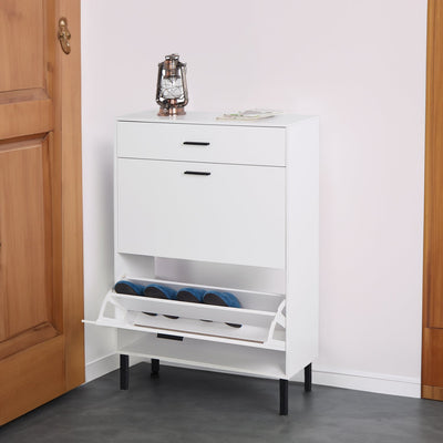 Independent shoe rack storage box with drawers and metal legs, modern shoe cabinet with 2 flippable drawers - Korvel
