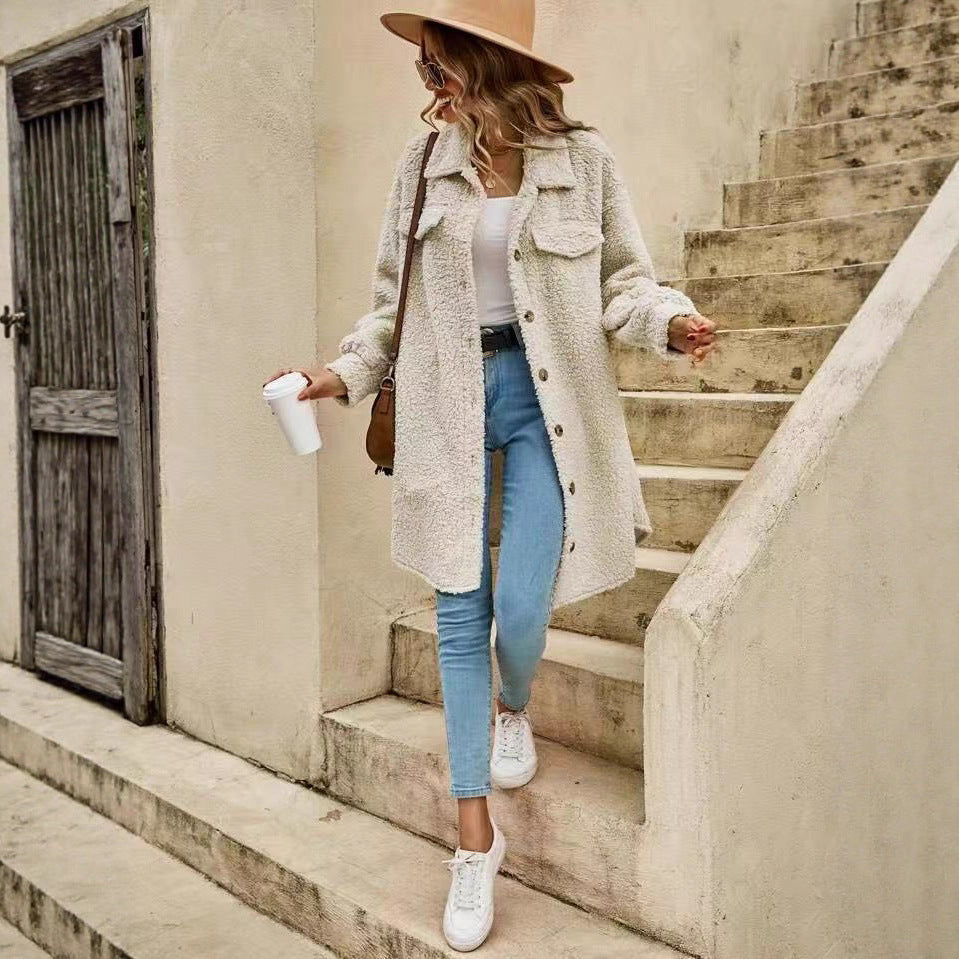Manteau en fausse fourrure à capuche mi-long en peluche ours pour femmes