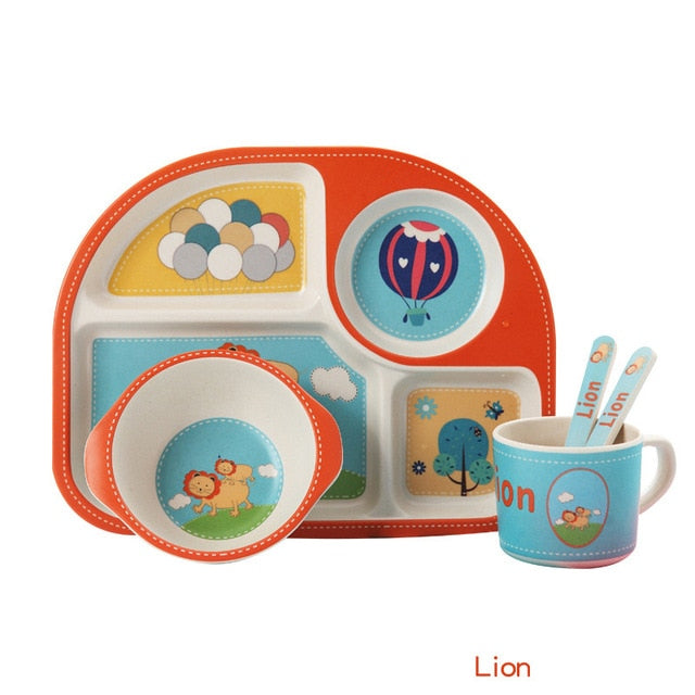 5pcs/set Baby Dinnerware Bamboo Fiber Children Tableware Set Plate Dishes Bowl With Spoon Cartoon Feeding Set Food Container - Korvel