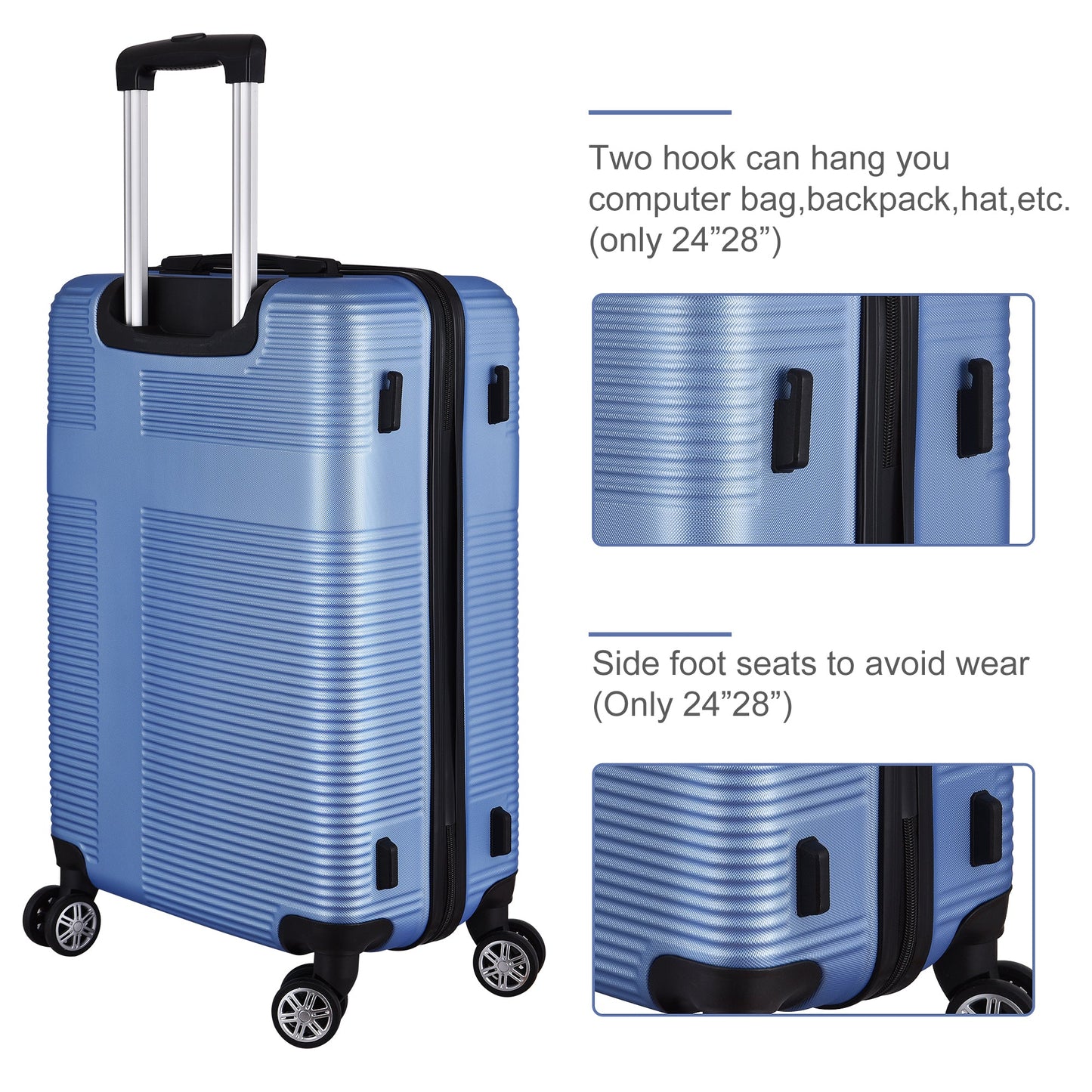 3 Piece Luggage with TSA Lock ABS, Durable Luggage Set, Spinner Wheels Cross Stripe Luggage Sets 20in/24in /28in Light Blue - Korvel