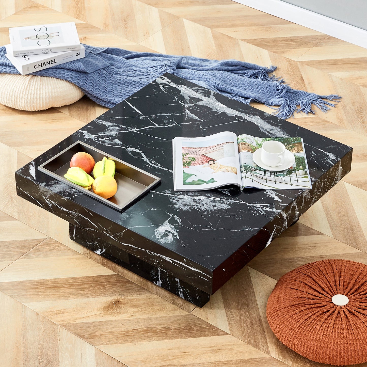 A modern and practical coffee table made of MDF material with black patterns - Korvel