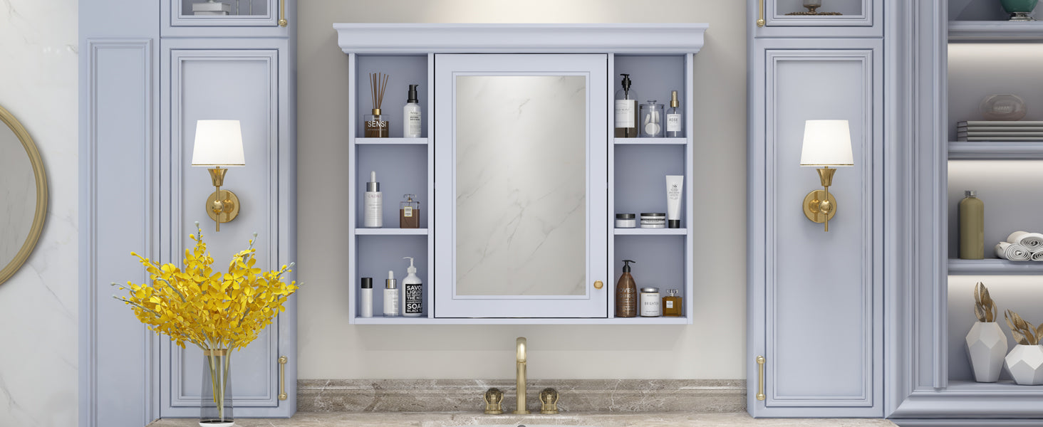 35'' x 28'' Blue Wall Mounted Bathroom Storage Cabinet with Mirror Door, Modern Bathroom Wall Cabinet with Mirror - Korvel