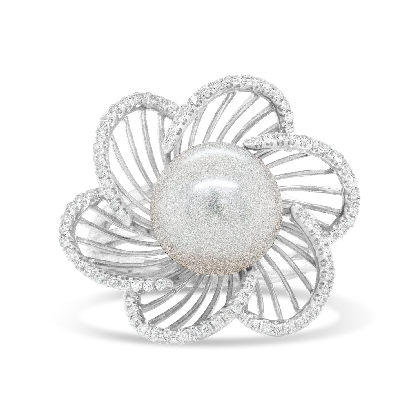 14K White Gold Pearl and Diamond Flower Blossom Ring - Size 6.50