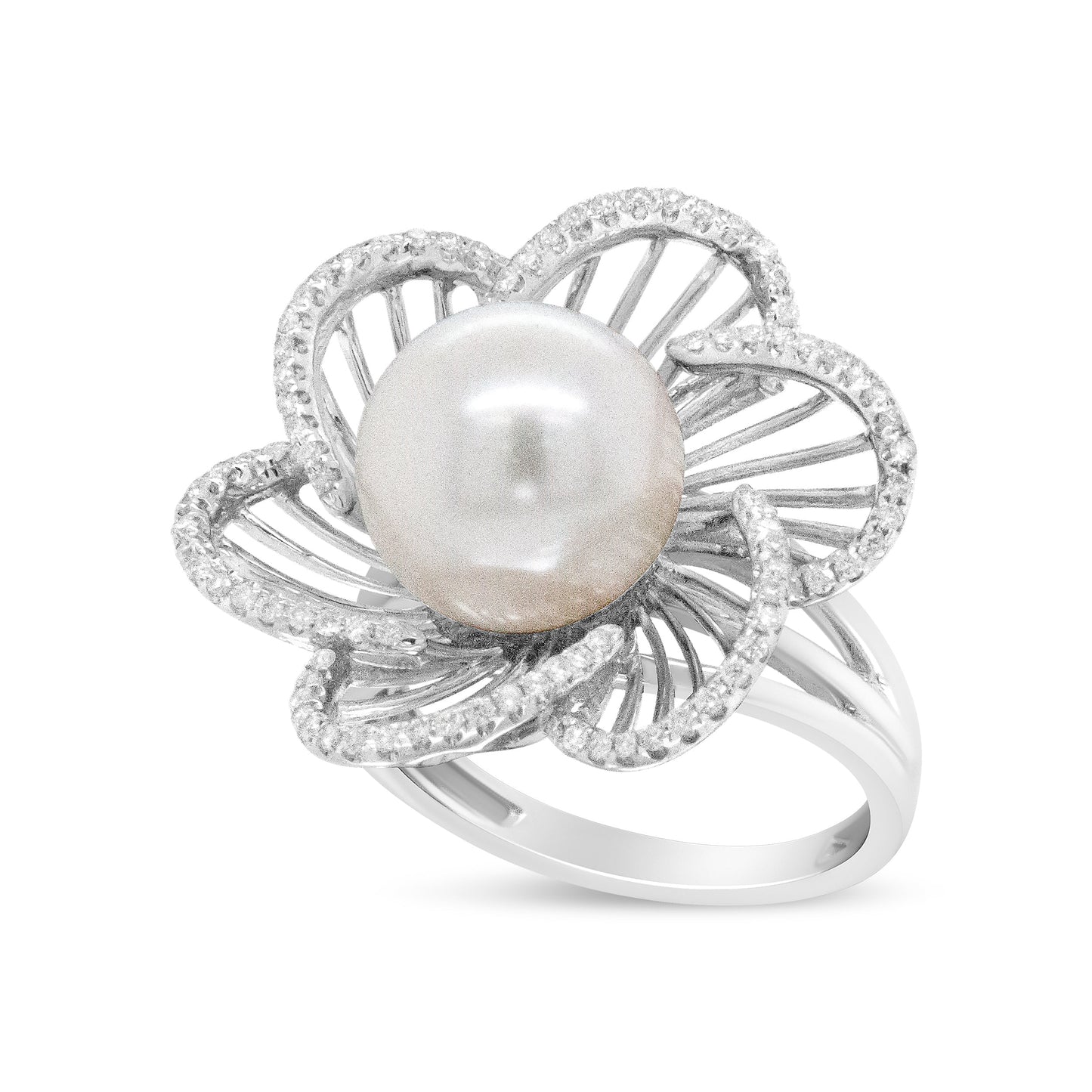 14K White Gold Pearl and Diamond Flower Blossom Ring - Size 6.50