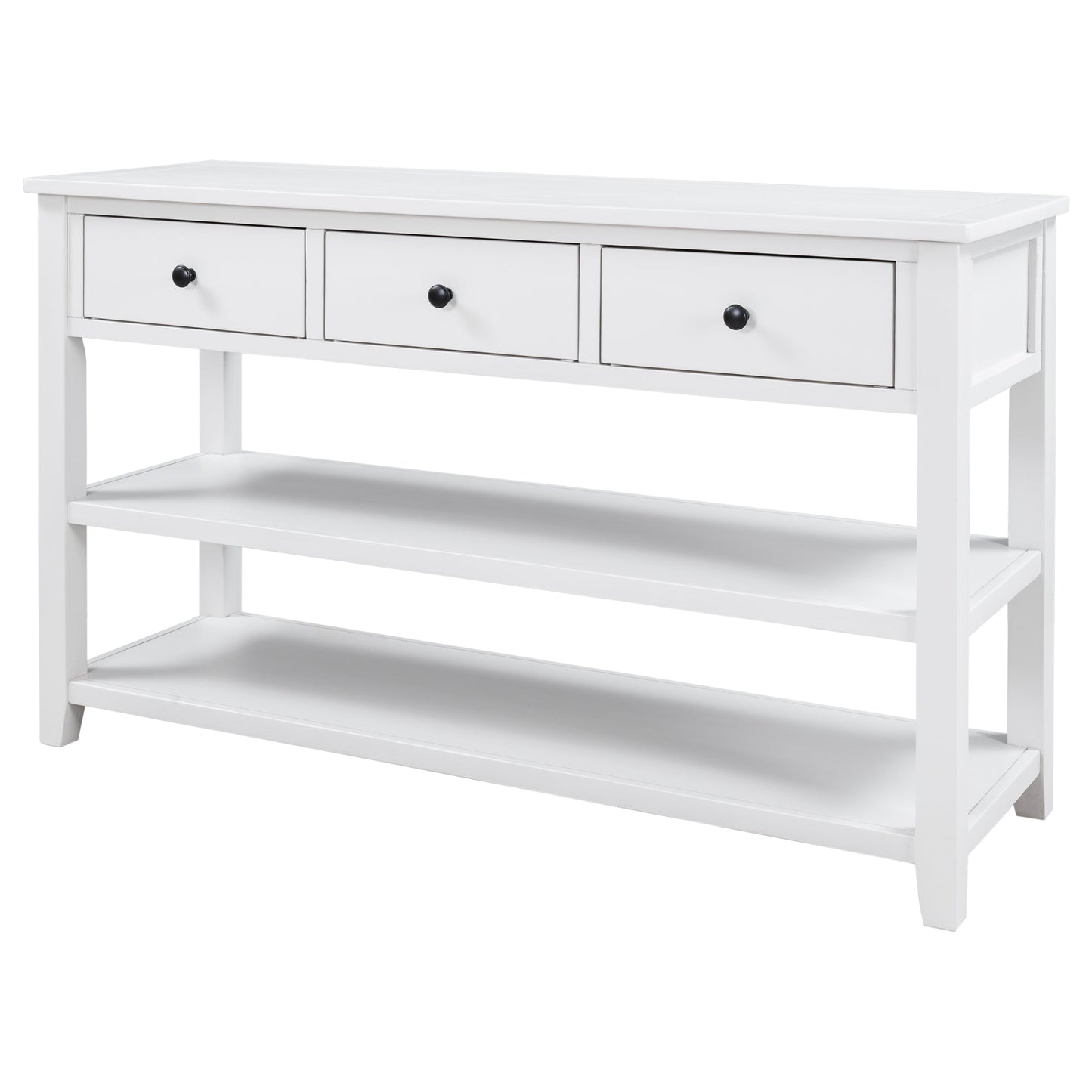 Retro Design Console Table with Two Open Shelves, Pine Solid Wood Frame and Legs for Living Room (Antique White) - Korvel