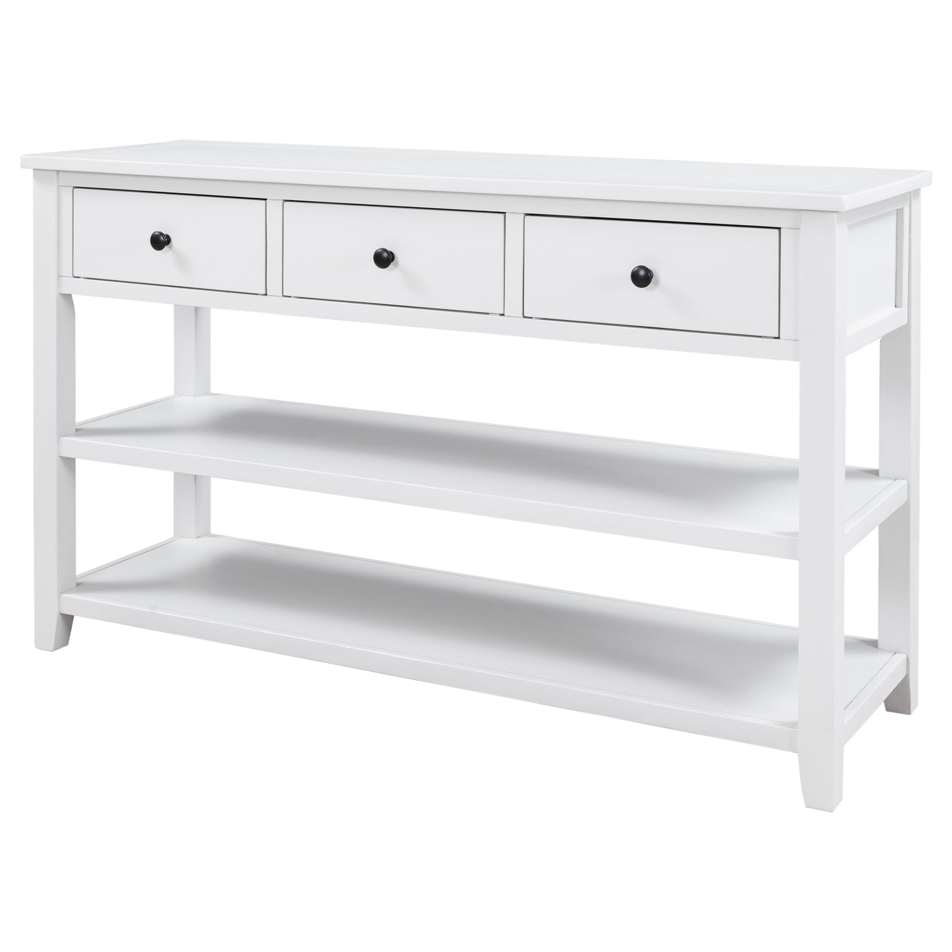 Retro Design Console Table with Two Open Shelves, Pine Solid Wood Frame and Legs for Living Room (Antique White) - Korvel