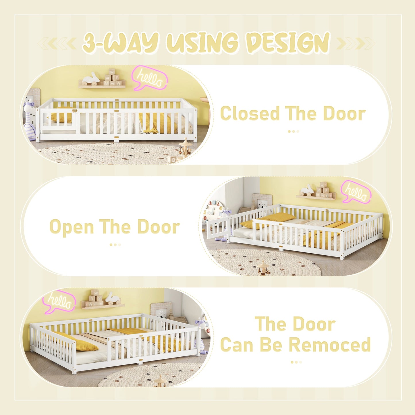 Queen Size Bed Floor Bed with Safety Guardrails and Door for Kids, White - Korvel