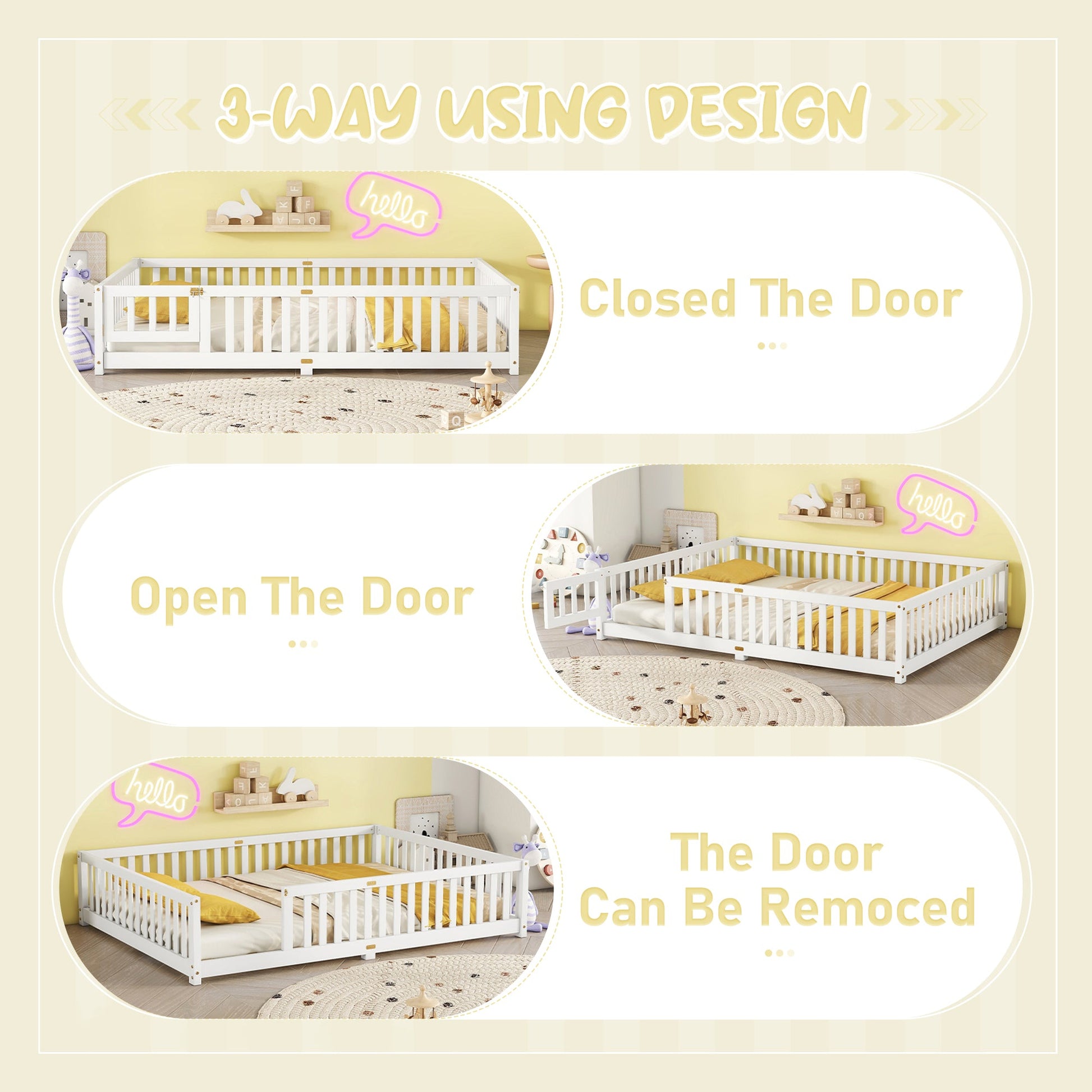 Queen Size Bed Floor Bed with Safety Guardrails and Door for Kids, White - Korvel