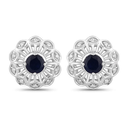 Boucles d'oreilles en saphir bleu et diamant de 0,60 carat en or blanc 14K