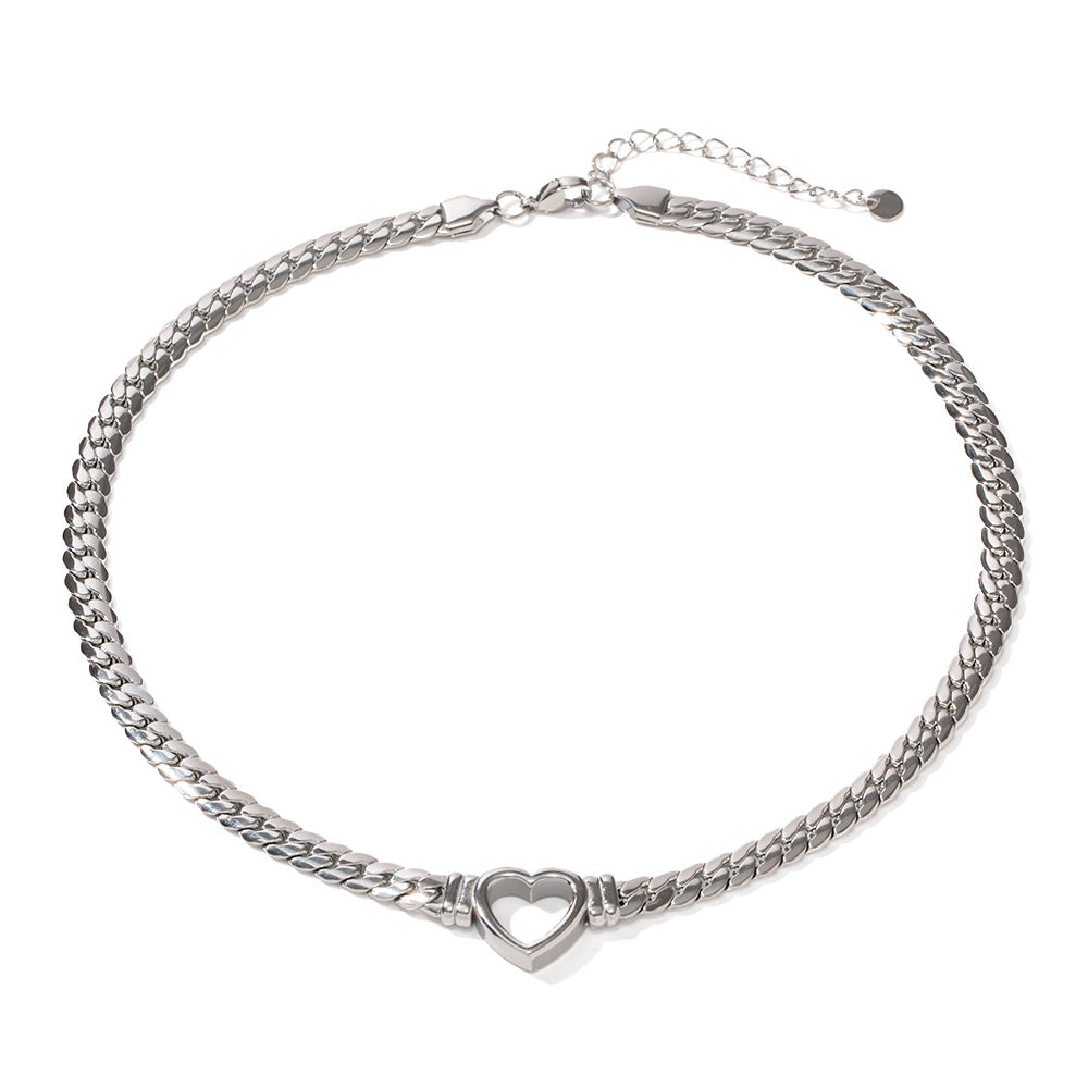 Stainless steel Cuban chain heart-shaped necklace with hollowed out flat snake chain heart pendant necklace for women - Korvel