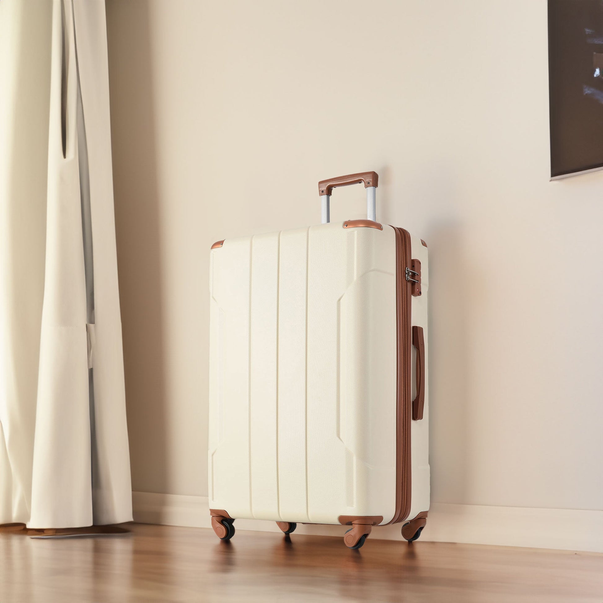 Hardshell Luggage Sets 3 Pcs Spinner Suitcase with TSA Lock Lightweight 20''24''28'' Brown white + ABS - Korvel