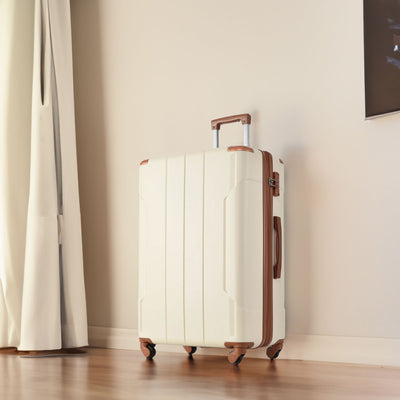 Hardshell Luggage Sets 3 Pcs Spinner Suitcase with TSA Lock Lightweight 20''24''28'' Brown white + ABS - Korvel