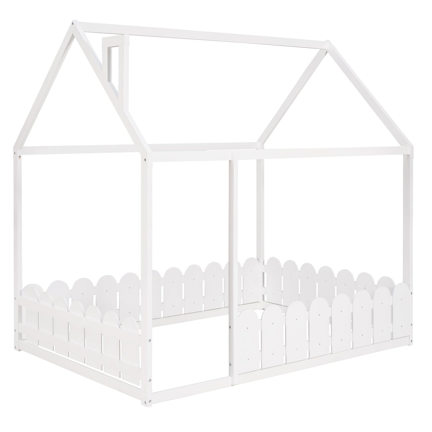 (Slats are not included) Full Size Wood Bed House Bed Frame with Fence for Kids Teens Girls Boys (White ) - Korvel