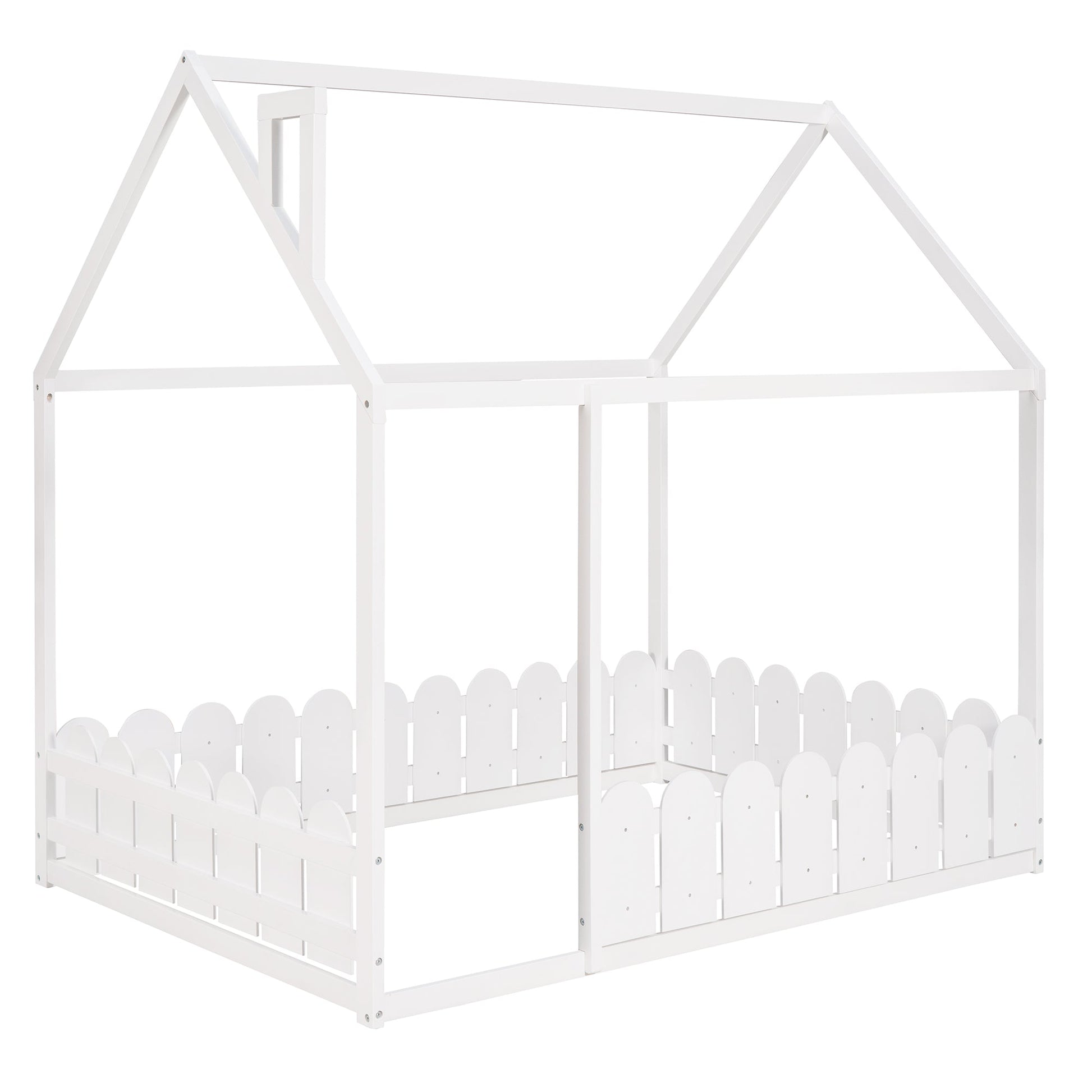 (Slats are not included) Full Size Wood Bed House Bed Frame with Fence for Kids Teens Girls Boys (White ) - Korvel