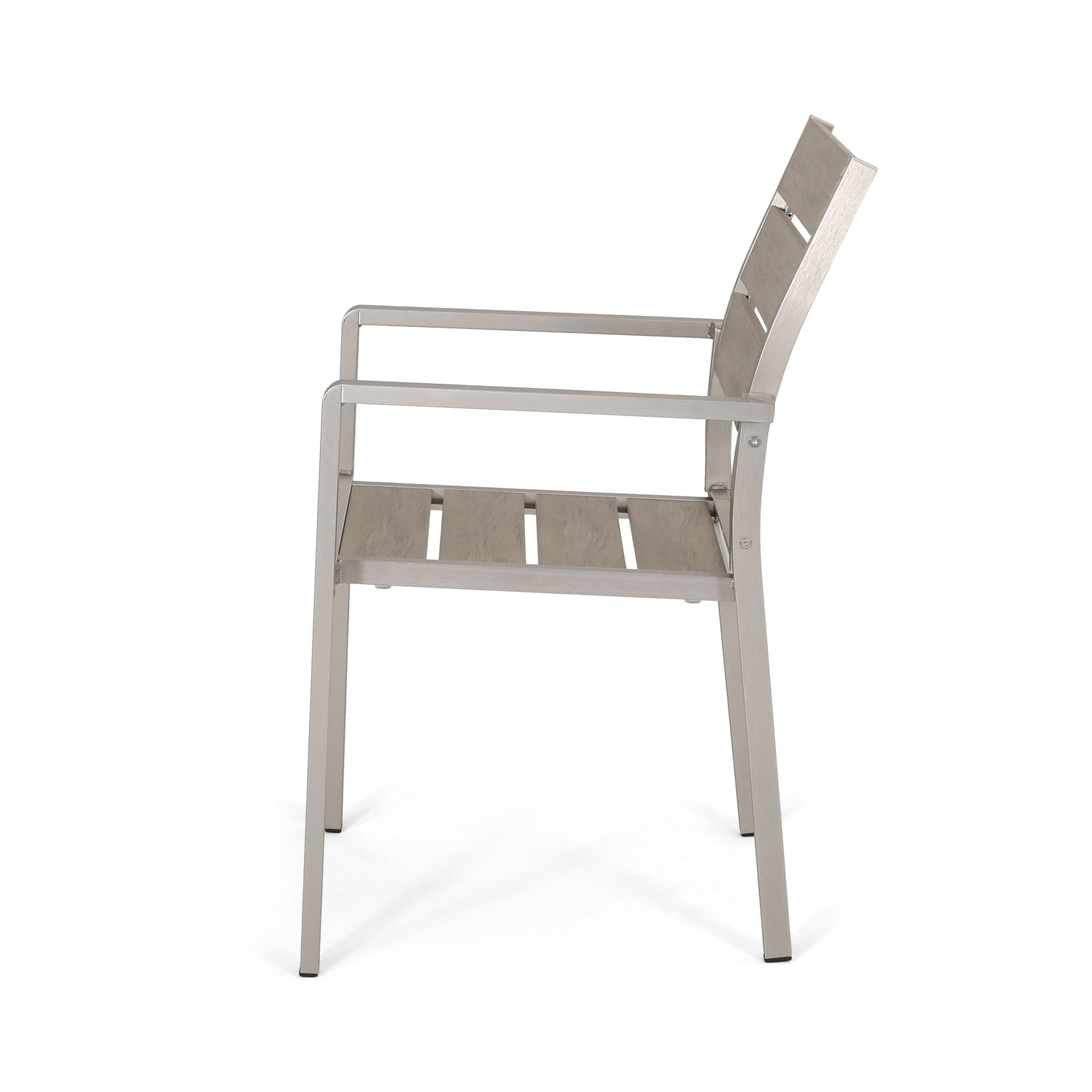 Outdoor Modern Aluminum Dining Chair with Faux Wood Seat (Set of 2), Natural and Silver - Korvel