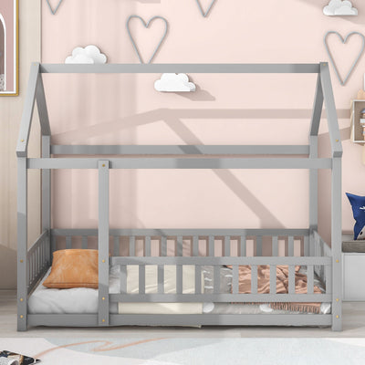 Twin Size Floor Wooden Bed with House Roof Frame, Fence Guardrails,Grey - Korvel