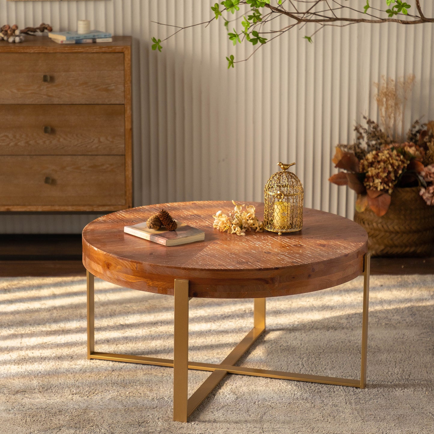 33.86"Modern Retro Splicing Round Coffee Table Fir Wood Table Top with Gold Cross Legs Base(Same SKU:W757126236) - Korvel