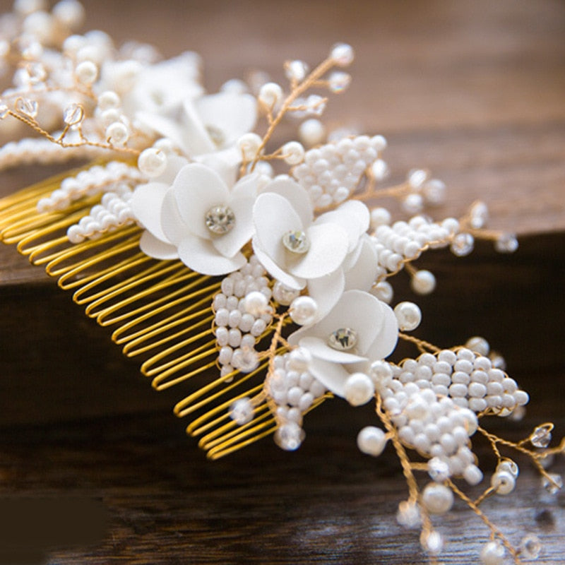 Queenco Gold Bridal Hair Comb Pearl Beads Wedding Hair Accessories Women Headpiece Girl's Hair Vine Party Hair Jewelry - Korvel