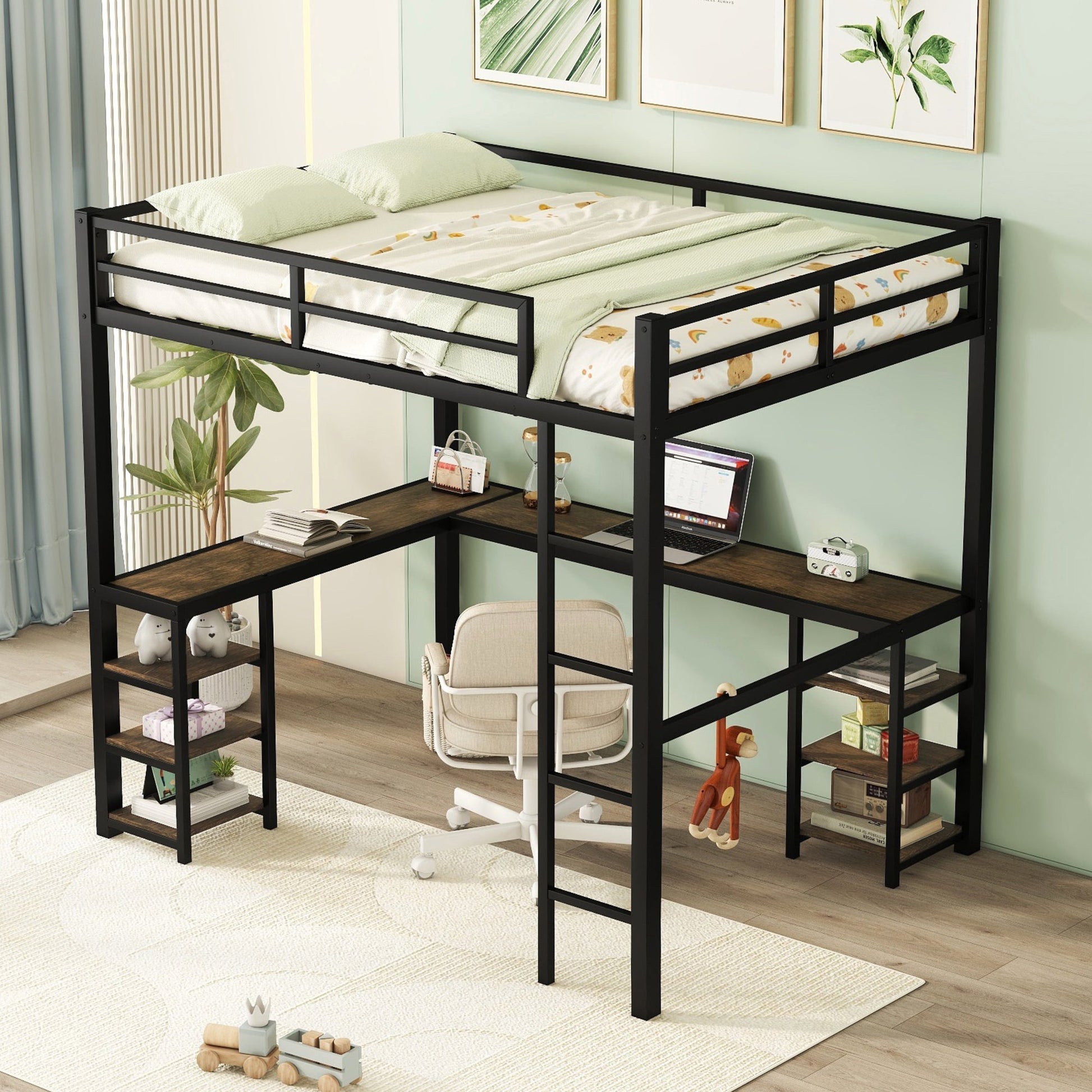 Full Metal Loft Bed with Desk and Shelves, Loft Bed with Ladder and Guardrails, Loft Bed Frame for Bedroom, Black - Korvel