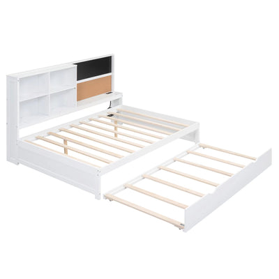Full Size Daybed with Storage Shelves, Blackboard, Cork board, USB Ports and Twin Size Trundle  White - Korvel