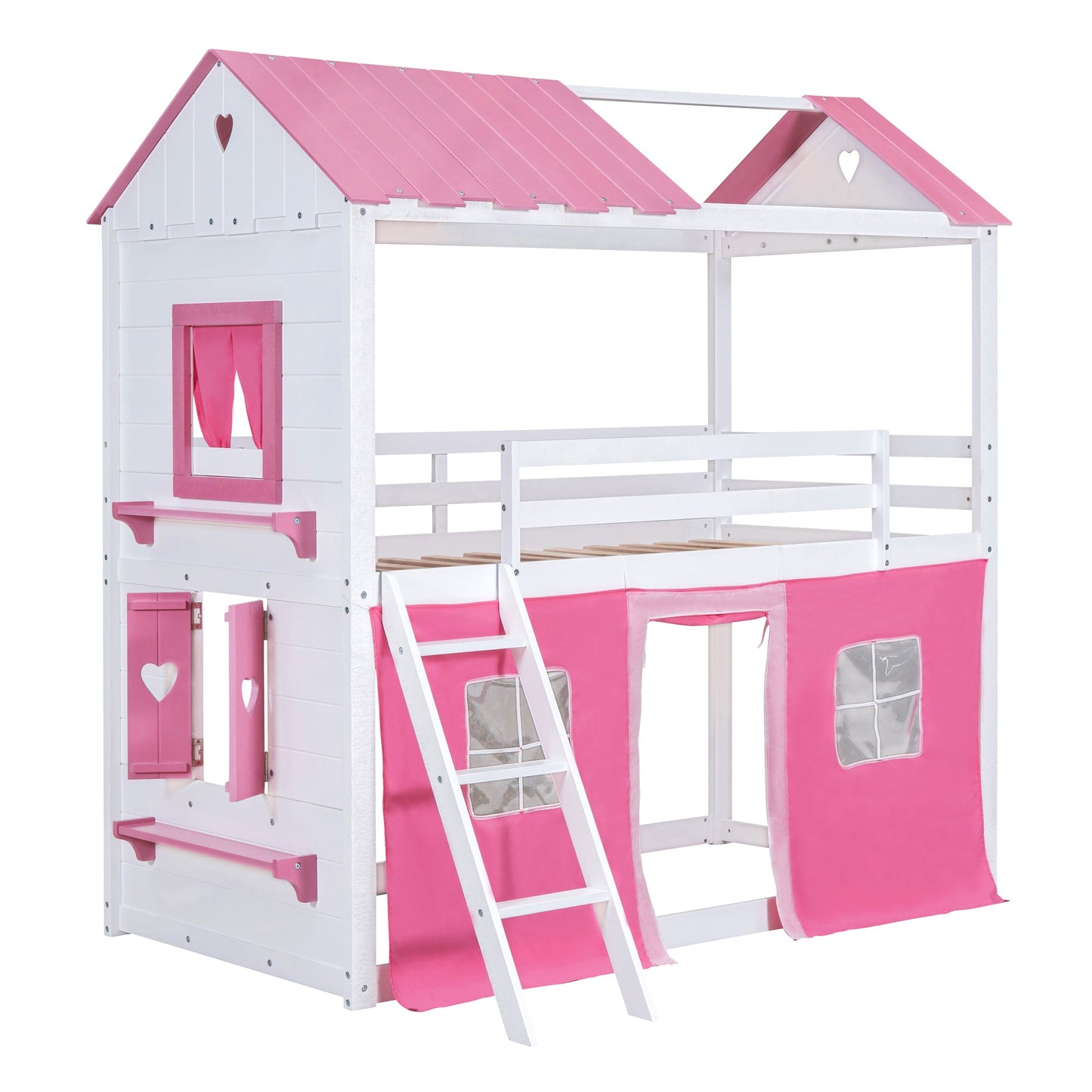 Elegant Twin Size Bunk Wood House Bed in Pink and White