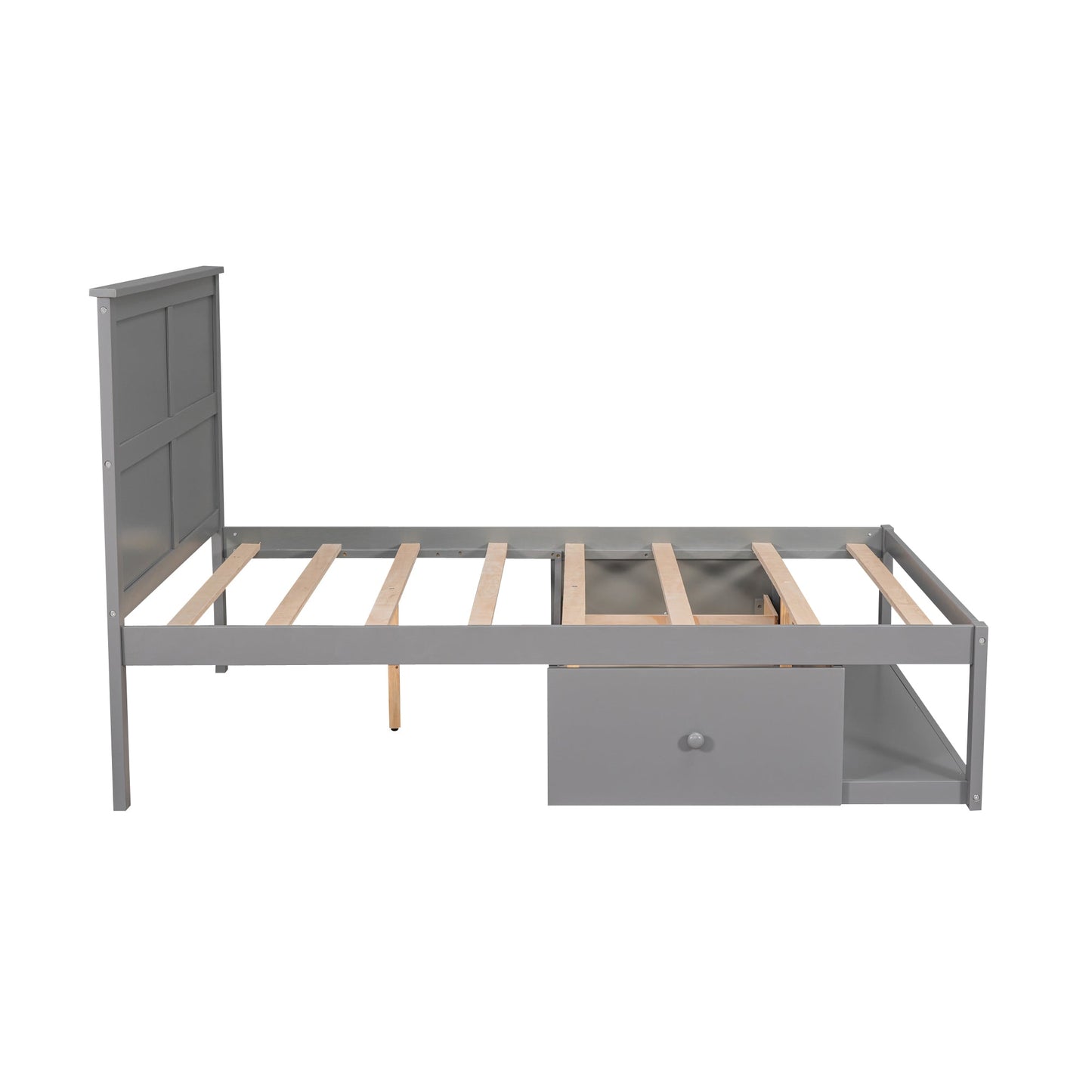 Full Size Platform Bed with Drawer on the Each Side and Shelf on the End of the Bed Gray - Korvel