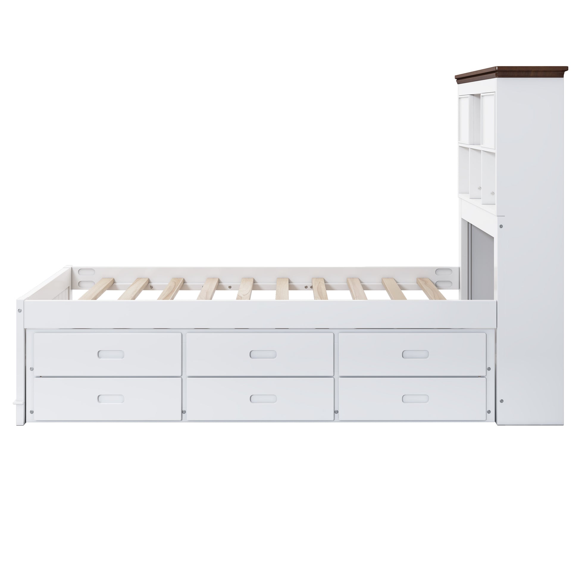 Solid Pine Captain Bookcase Bed with Trundle Bed and 3 Spacious Under Bed Drawers in Casual,Full, White+Walnut - Korvel