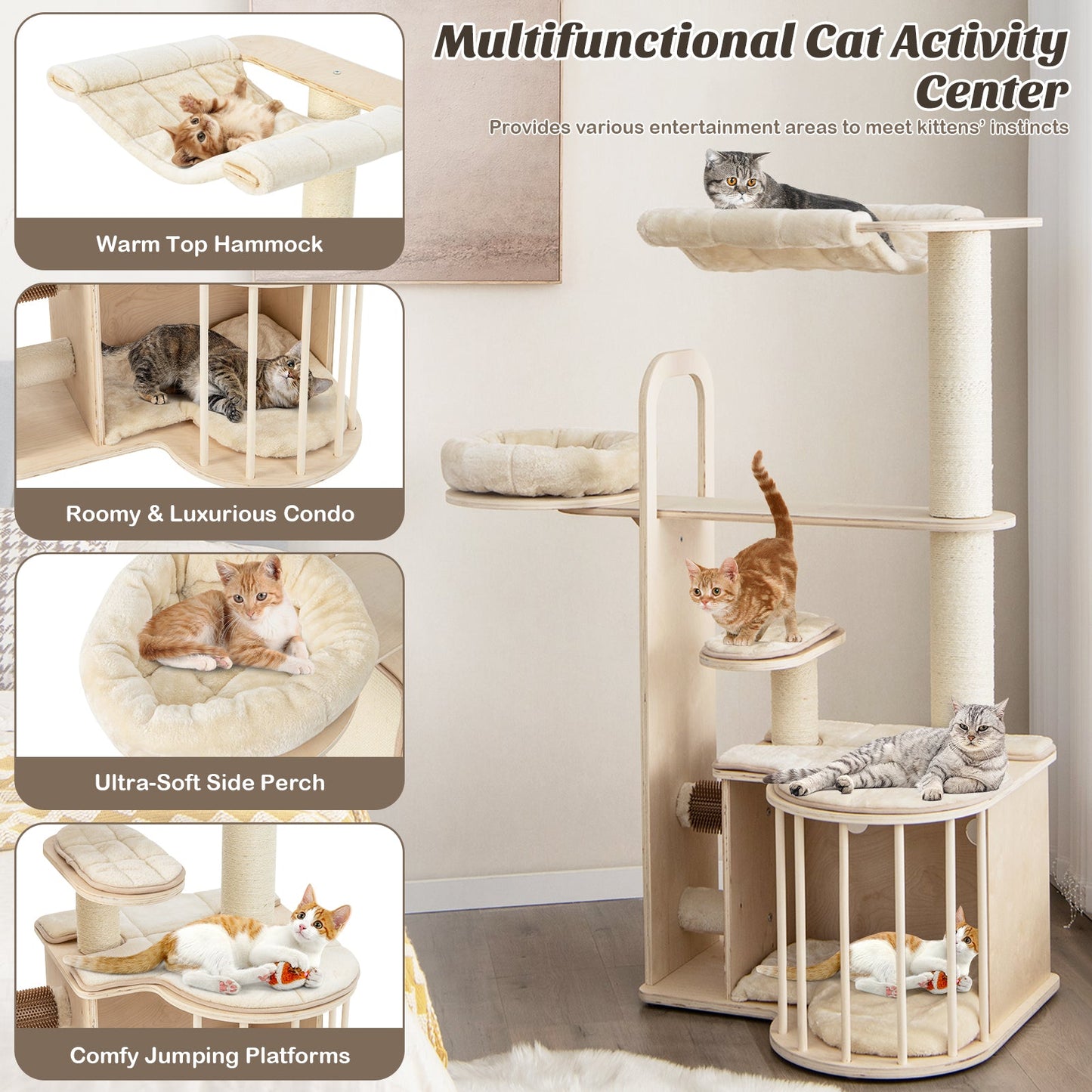 Arbre à chat multi-niveaux de 55 pouces avec coussins lavables