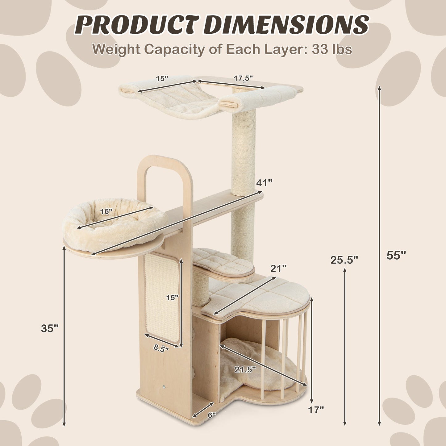 Arbre à chat multi-niveaux de 55 pouces avec coussins lavables
