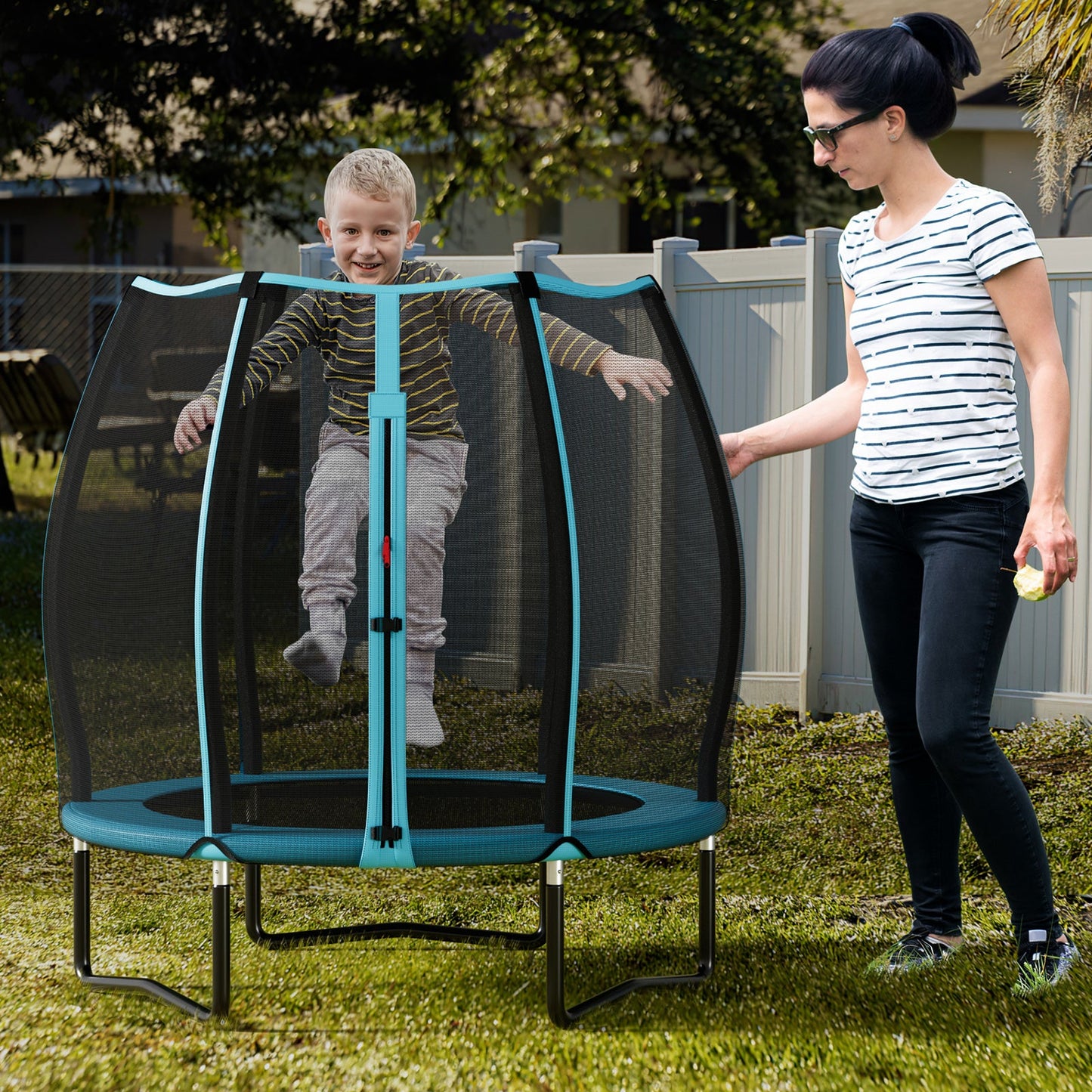 Trampoline Mini de 55 Pouces pour Enfants avec Enceinte de Sécurité - Bleu