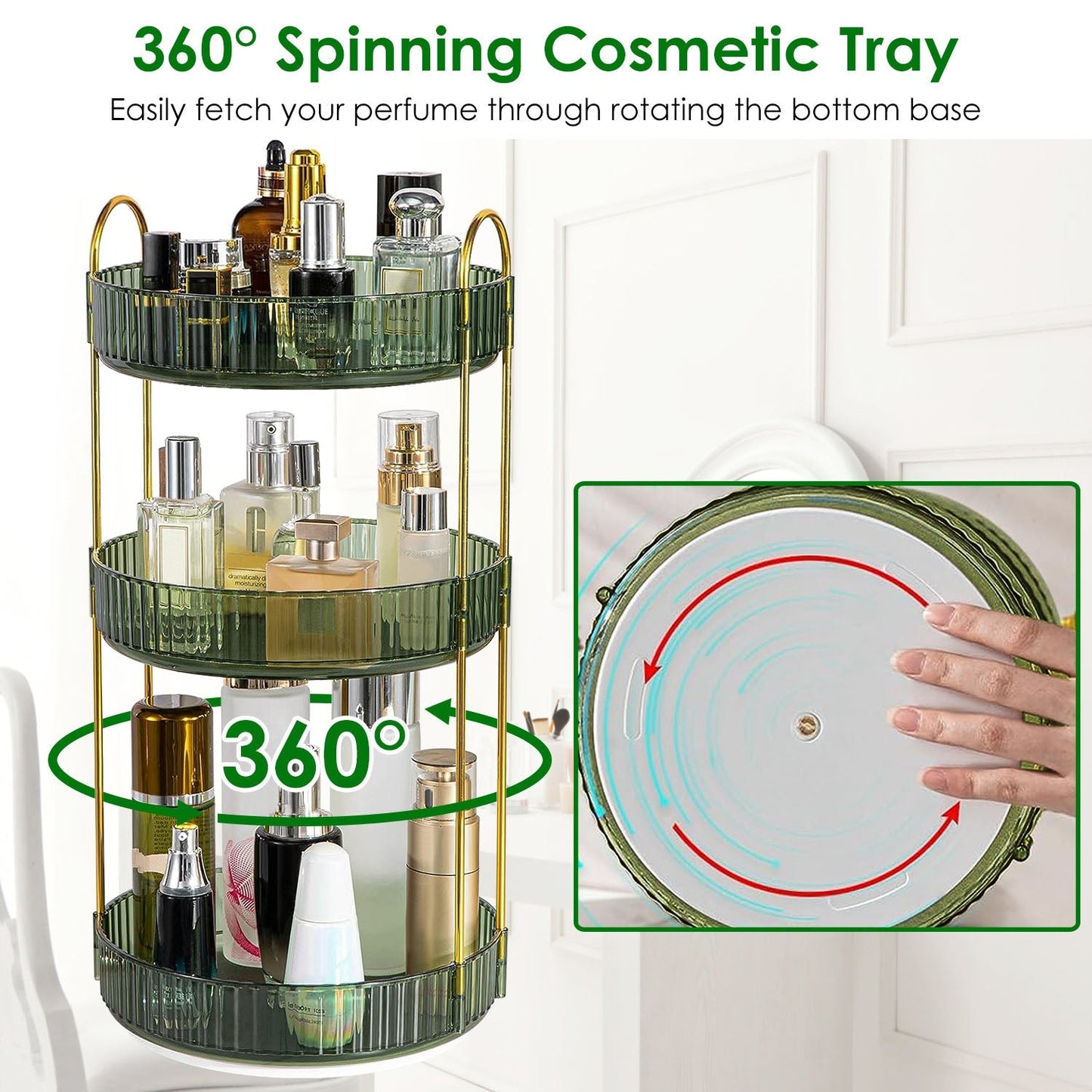 3 Tier Rotating Makeup Organizer - 360° Spinning Storage Tray