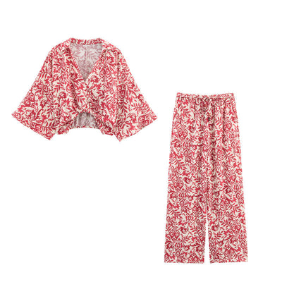 Women's Casual Printed Long Sleeve Top & Wide Leg Pants Set
