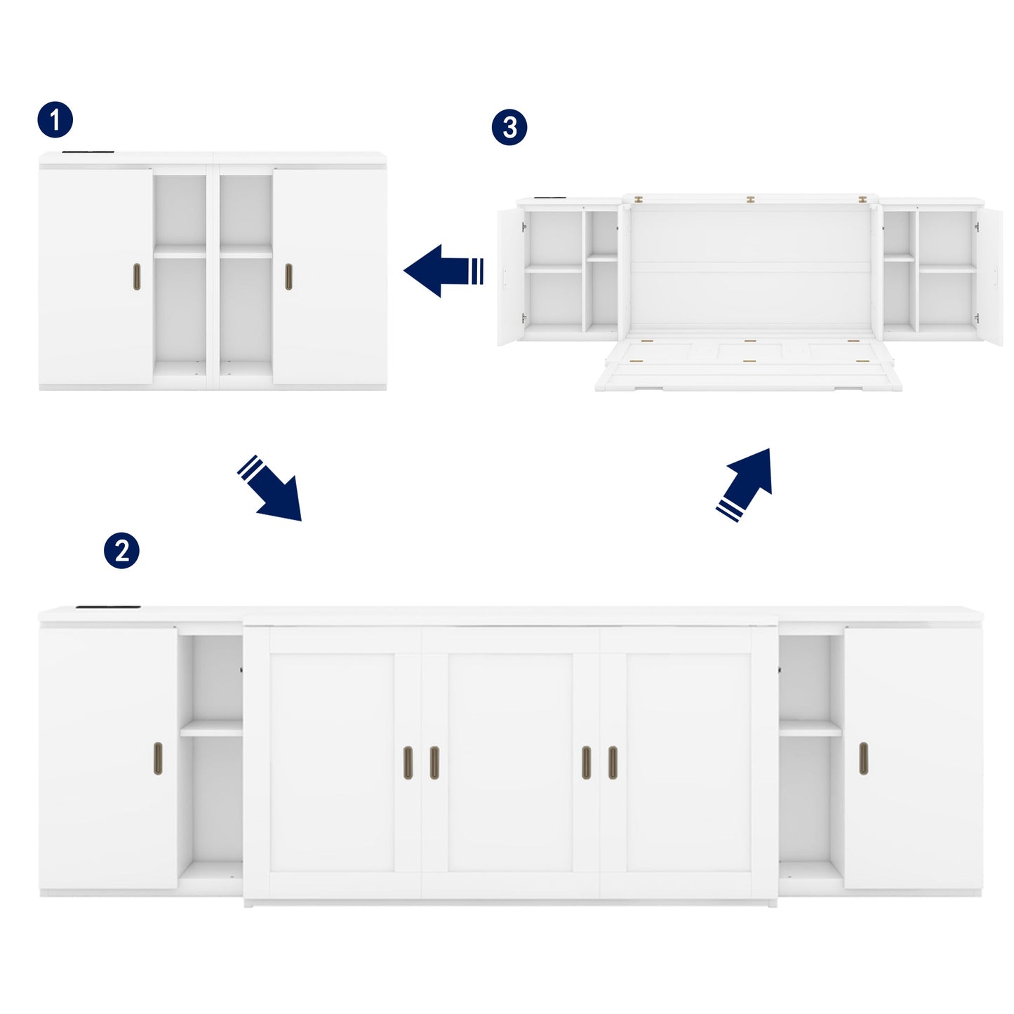 Lit Murphy Queen Size avec étagères et ports USB - Blanc