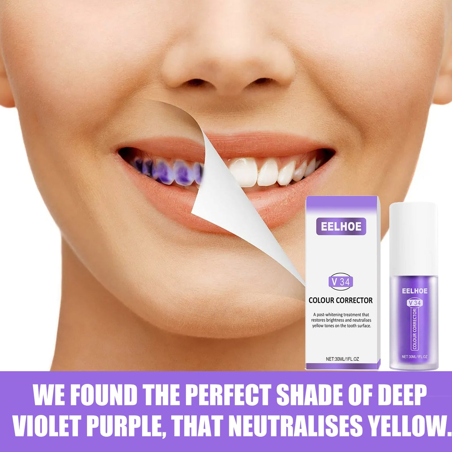 V34 Colour Corrector, Mouth Shine White Clean Stains Shine White Teeth Purple Toothpaste - Korvel
