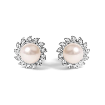 10K White Gold Pearl and Diamond Halo Stud Earrings