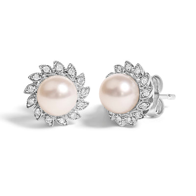 10K White Gold Pearl and Diamond Halo Stud Earrings