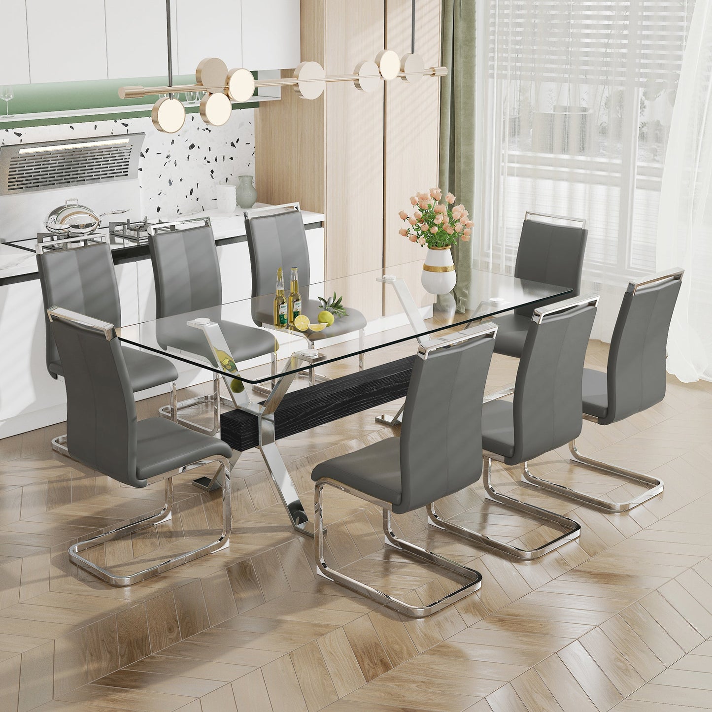 Dining table Modern tempered glass dining table Large modern office desk with silver plated metal legs and MDF crossbars - Korvel