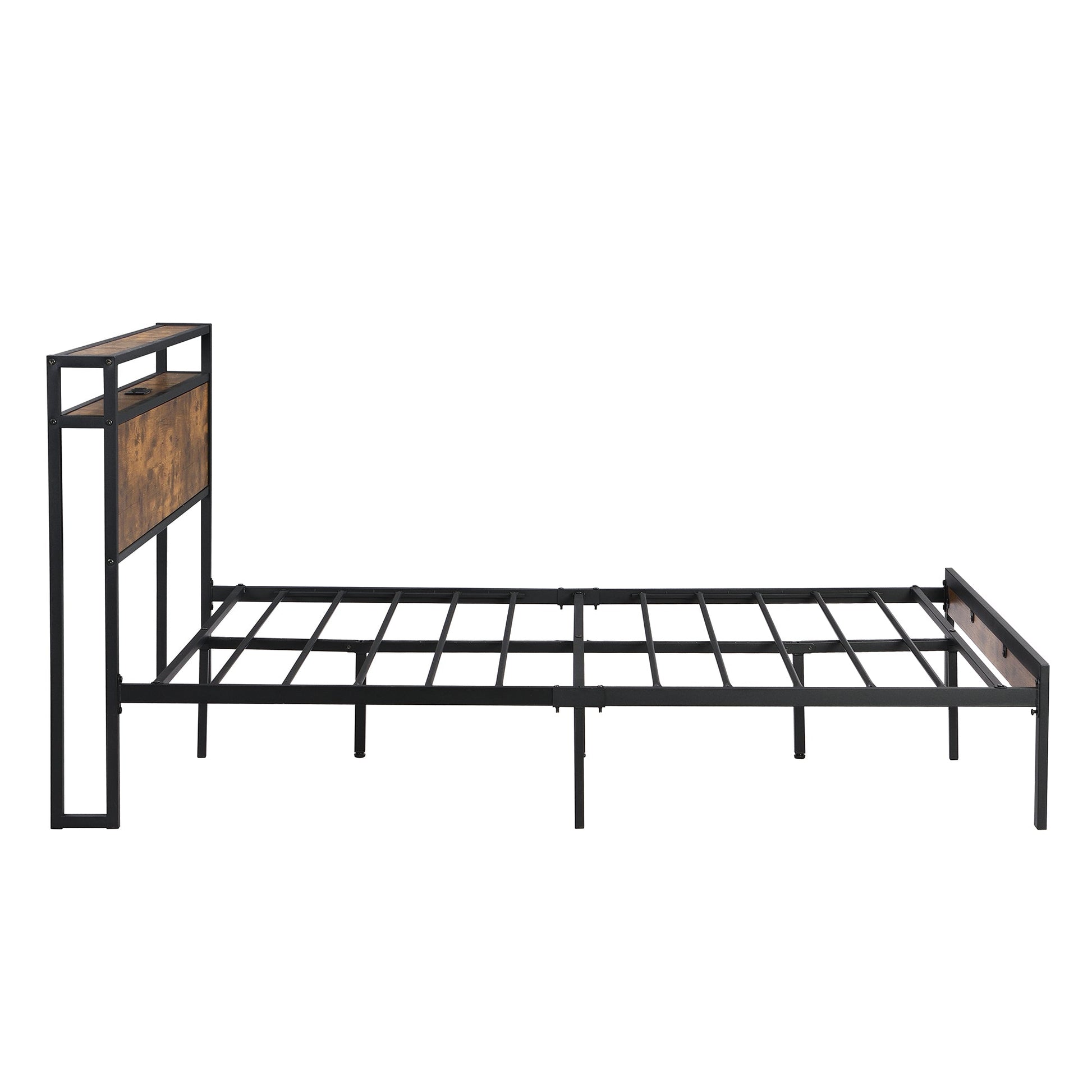 Queen Size Metal Platform Bed Frame with Wooden Headboard and Footboard with USB LINER - Korvel
