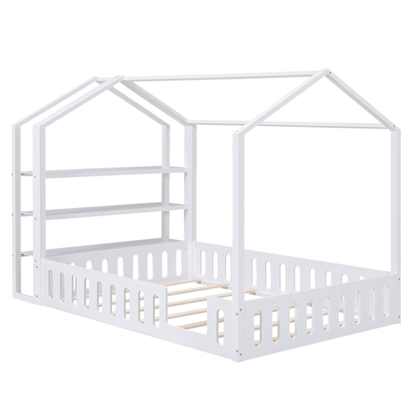 Full Size Wood House Bed with Fence and Detachable Storage Shelves, White - Korvel