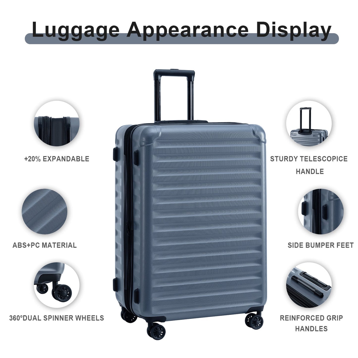 Luggage Sets New Model Expandable ABS+PC 3 Piece Sets with Spinner Wheels Lightweight TSA Lock (20/24/28), STEEL GRAY - Korvel