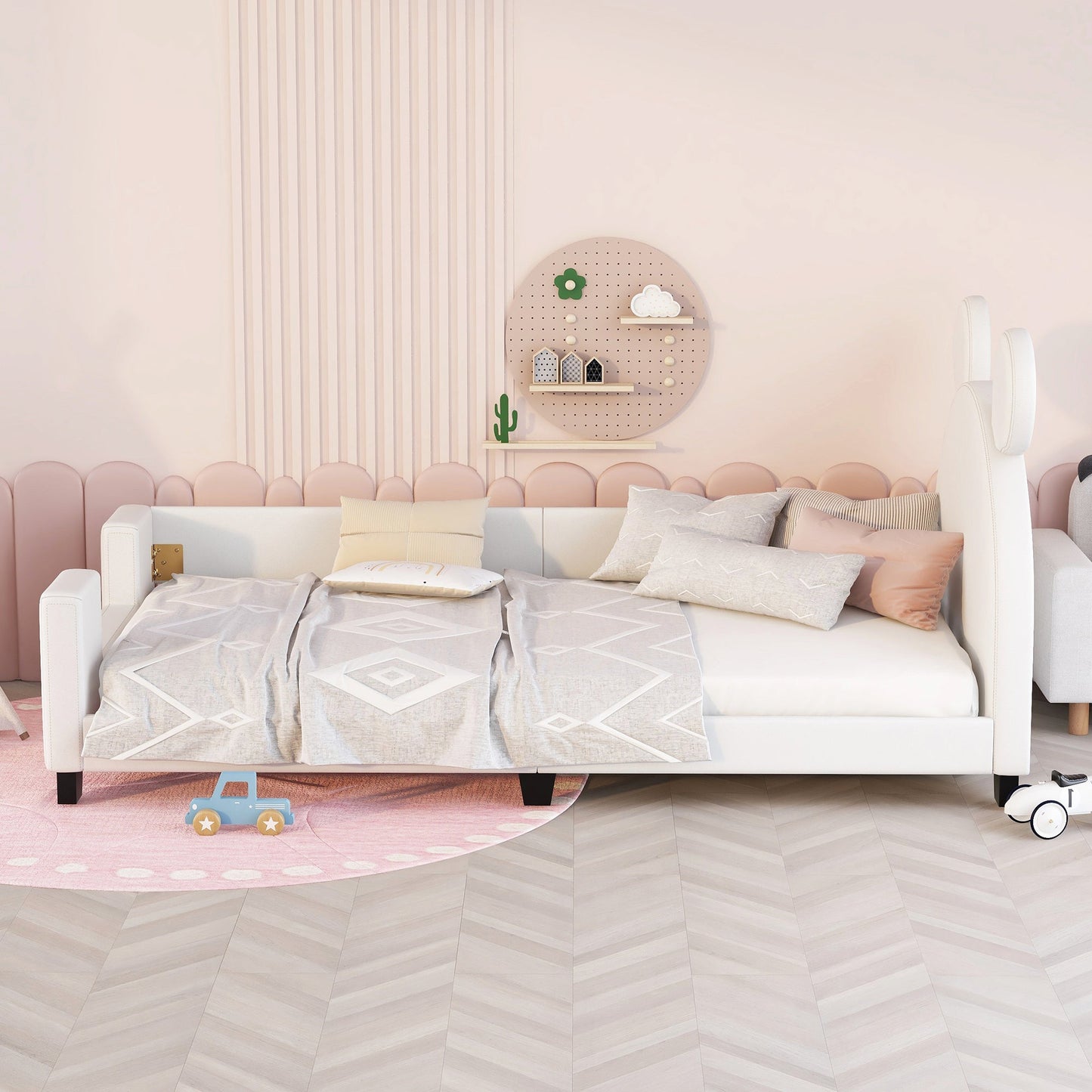 Twin Size Upholstered Daybed with Carton Ears Shaped Headboard White - Korvel